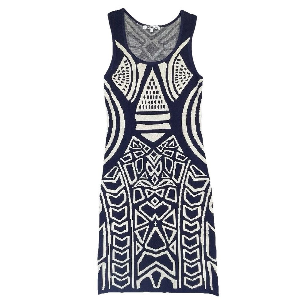Stilletto's Dress Womens Size Medium Black White Aztec Bodycon Old Money Sweater